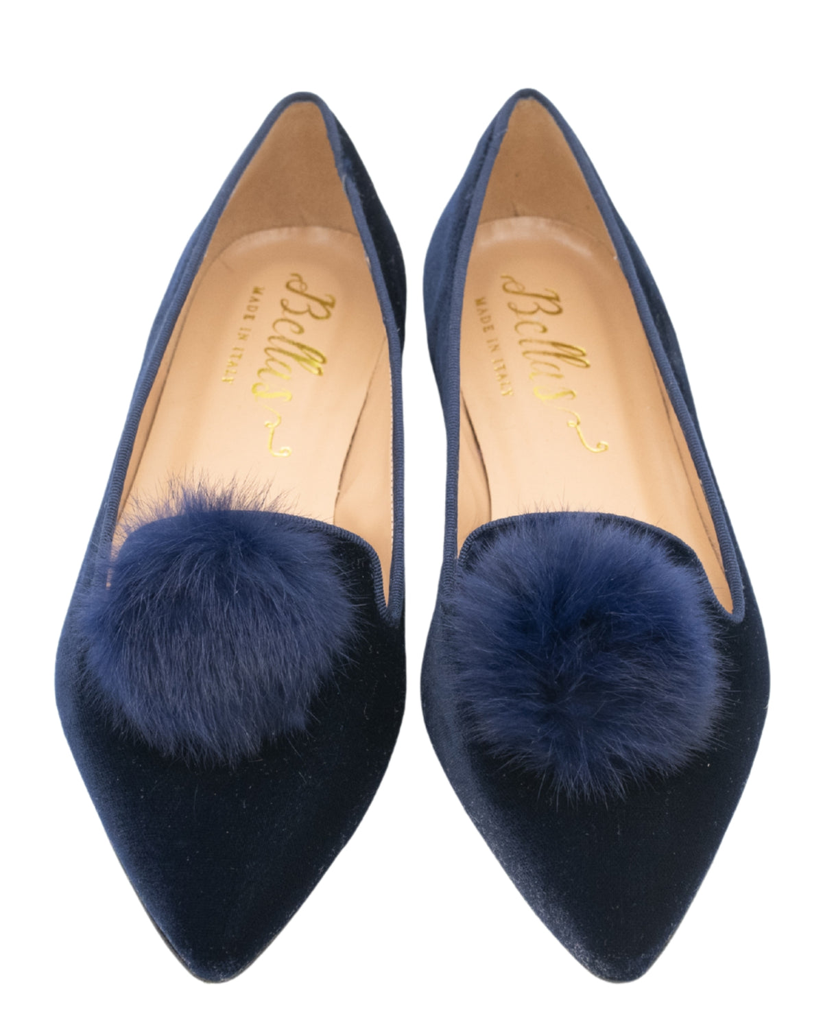 Navy Pompon Samt Pointy