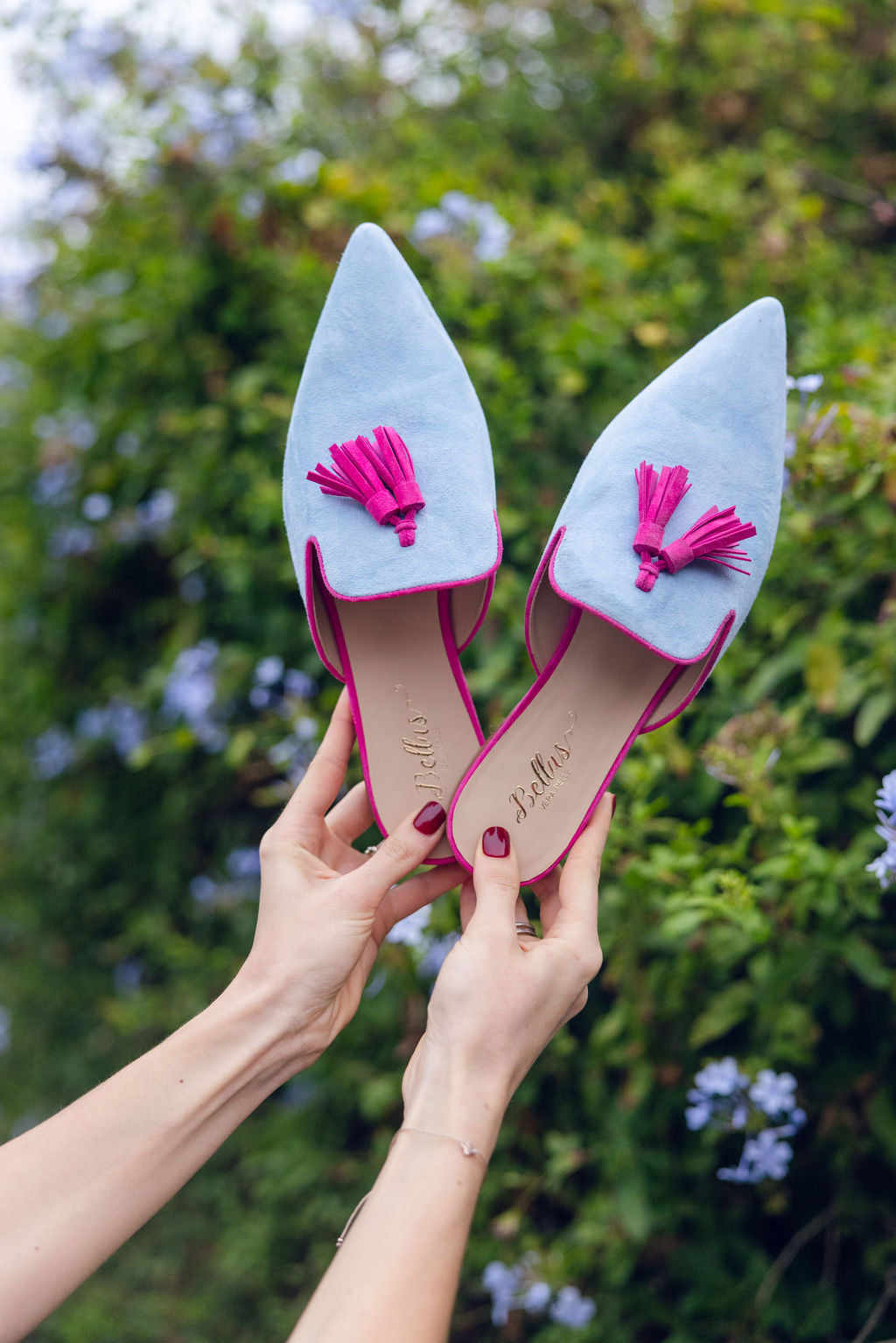 Sky-Hot Pink Tassel Mules